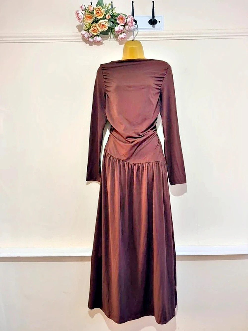 Ruched Long Sleeve Maxi Dress in Brown